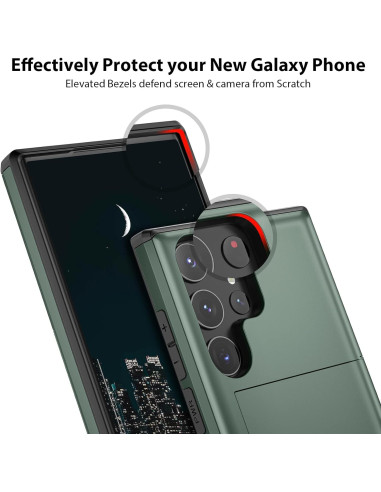 Närbild av grönt stöttåligt skal för Samsung S25 Ultra med fokus på kamerautskärning och förstärkta hörn