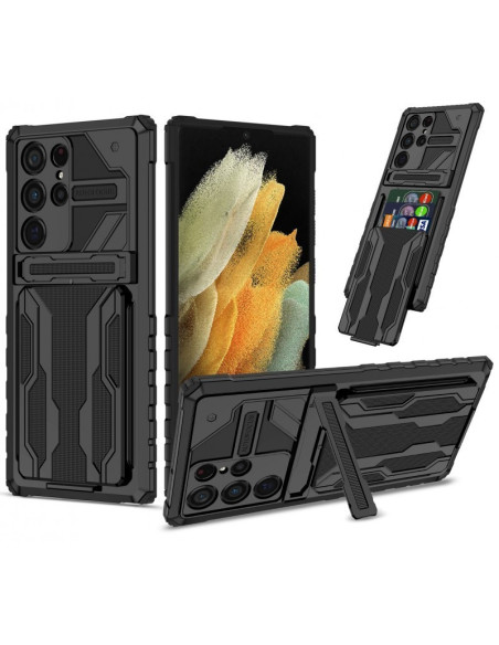 Svart stöttåligt skal för Samsung S25 Ultra med kickstand, visat från framsidan och sidan