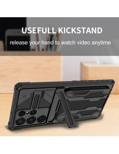 Svart stöttåligt skal för Samsung S25 Ultra med kickstand, visat i stående läge för videovisning