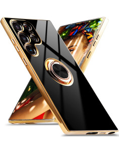 Svart skal med ringhållare för Samsung S25 Ultra, sett framifrån med reflektioner och detaljerad yta