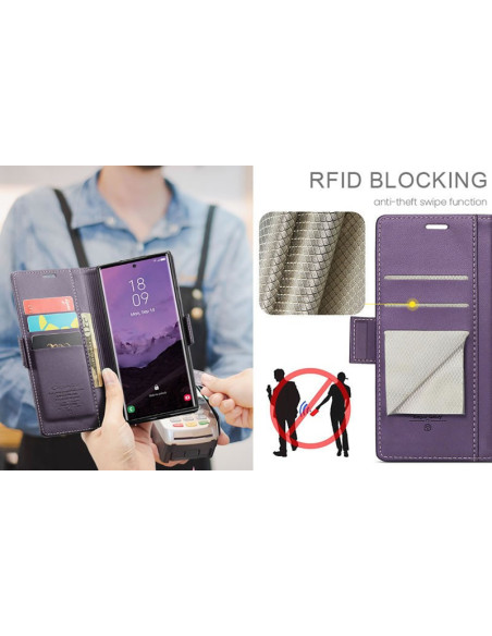 Lila Skin Pro fodral för Samsung S25 Ultra med öppet lock och kortfack, visat i användning