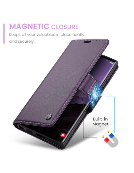 Lila Skin Pro fodral för Samsung S25 Ultra med stängd lock, visat från sidan med magnetisk stängning