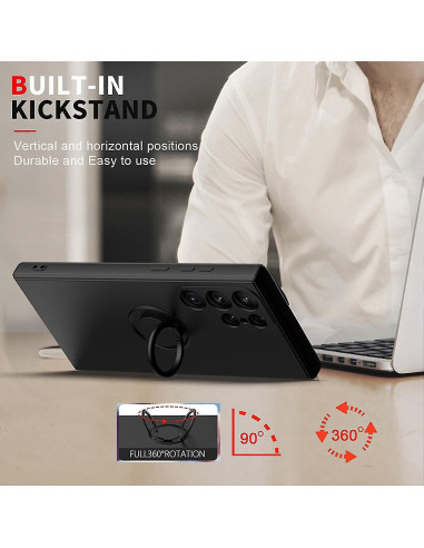 Svart skal för Samsung S25 Ultra med ringhållare, visat i användning som stativ vid en laptop