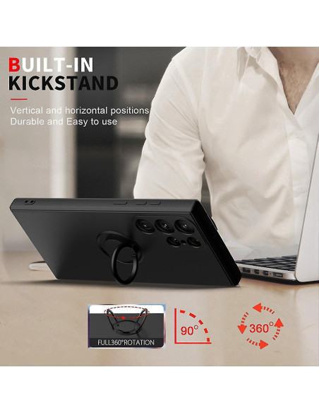 Svart skal för Samsung S25 Ultra med ringhållare, visat i användning som stativ vid en laptop