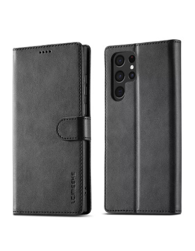 Svart plånboksfodral för Samsung S25 Ultra, sett framifrån och bakifrån med stängning