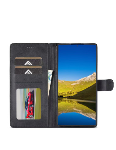 Inuti svart plånboksfodral för Samsung S25 Ultra med kortfack och telefon i stående läge