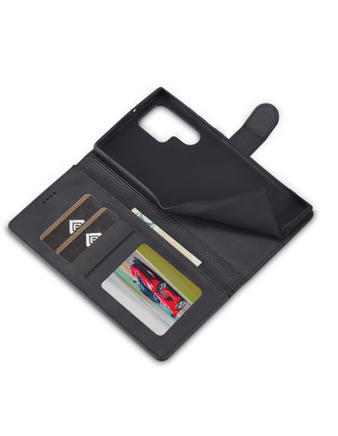 Svart plånboksfodral för Samsung S25 Ultra med öppet lock och kortfack, sett inifrån