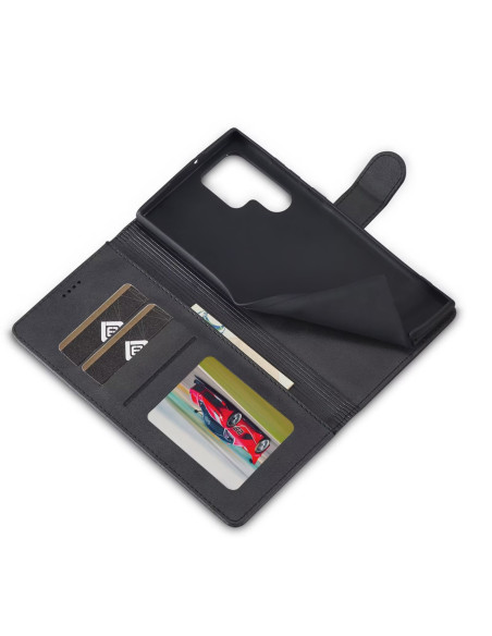 Svart plånboksfodral för Samsung S25 Ultra med öppet lock och kortfack, sett inifrån