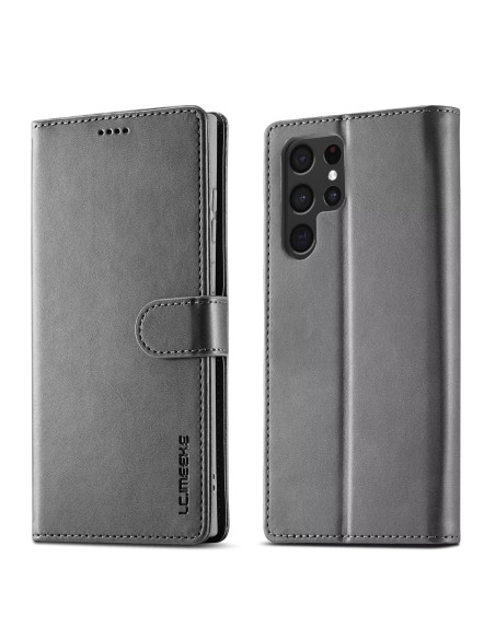Grå plånboksfodral för Samsung S25 Ultra, visat från sidan och bakifrån
