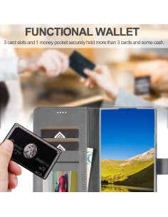 Grå plånboksfodral för Samsung S25 Ultra, visat från sidan och bakifrån 2
