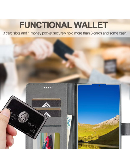 Grått plånboksfodral för Samsung S25 Ultra med kortfack och kontantfack, öppet och visat inifrån