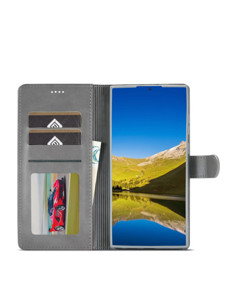 Grå plånboksfodral för Samsung S25 Ultra, öppet med kortfack och en bild synlig
