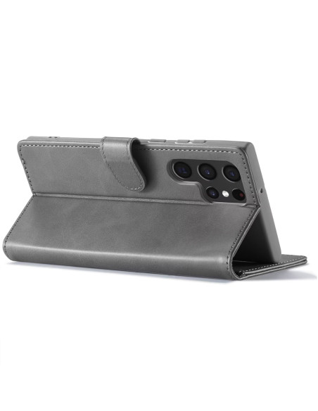 Grå plånboksfodral för Samsung S25 Ultra, sett bakifrån med stängd design och stöd för uppställning