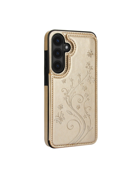 Guld skal för Samsung S25 Plus med korthållare och blommönster, sett från sidan