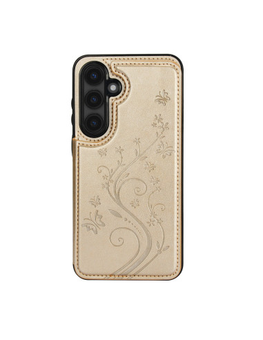 Guld skal för Samsung S25 Plus med korthållare, detaljvy av blommönster