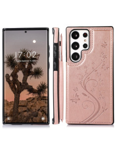 Stöttåligt roseguld skal med korthållare för Samsung S25 Ultra, sett framifrån med telefonen i skalet