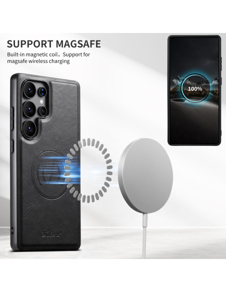 Svart 2in1 Magsafe Skal för Samsung S25 Ultra, med fokus på den magnetiska laddningsspolen och telefonen