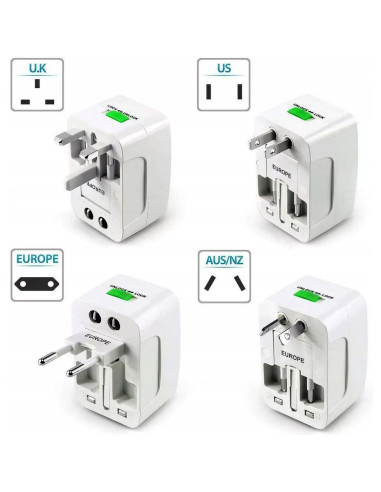 Översikt av universal reseadapter med olika pluggar för internationella eluttag