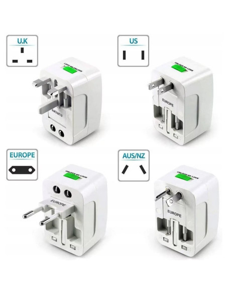 Översikt av universal reseadapter med olika pluggar för internationella eluttag