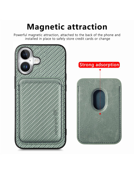Närbild av den magnetiska korthållaren på det gröna skalet för iPhone 16