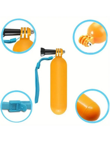 Flytande handtag i orange med blå säkerhetsrem och fäste, detaljvy från sidan