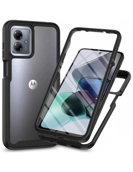 Svart 3D-skal för Motorola Moto G35, sett från sidan med telefon insatt