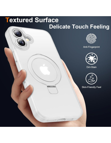 iPhone 16 skal i vit färg med MagSafe, hålls i hand med fokus på texturerad yta