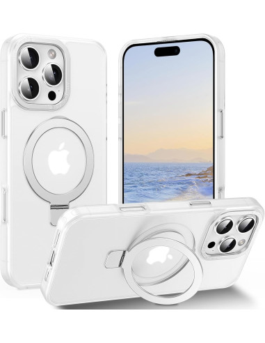 Transparent iPhone 16 Pro skal med kickstand, visat bakifrån med telefon monterad