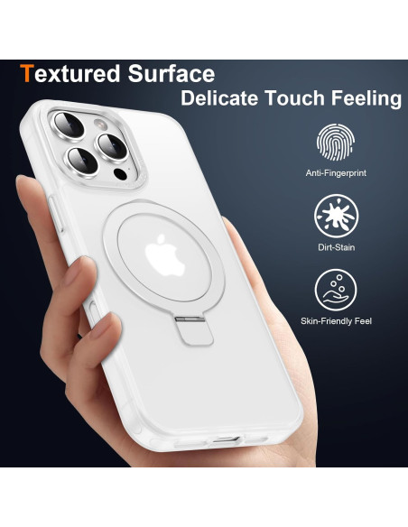 Detaljvy av transparent iPhone 16 Pro skal med Magsafe, visar texturerad yta och kickstand