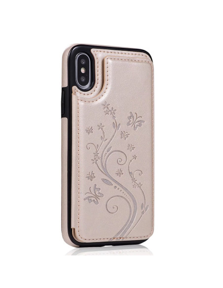 Guld iPhone XS Max skal med korthållare, detaljvy av mönster och textur
