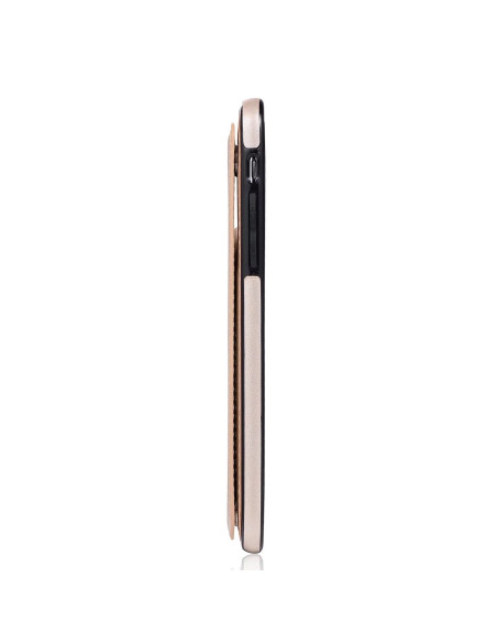 iPhone XS Max skal i guld med stängd flip-funktion, sett från sidan med korthållare synlig