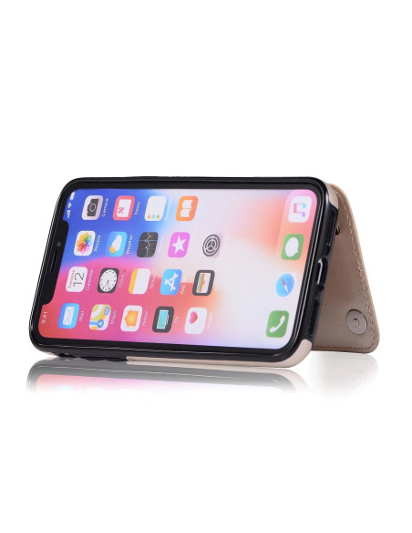 iPhone XS Max skal i guld med korthållare, visad från sidan med telefonen i liggande läge