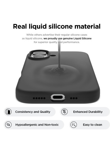 Närbild av svart gummibelagt skal för iPhone 16 som visar materialets struktur och detaljer