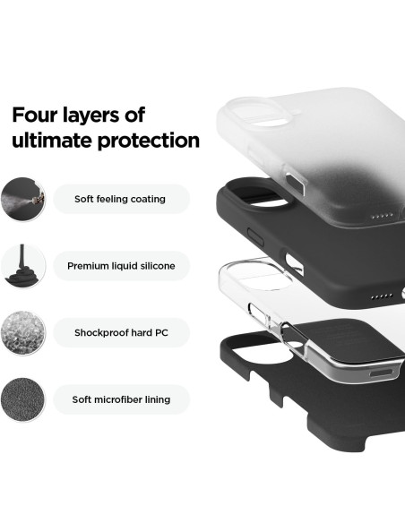 Detaljvy av svart gummibelagt skal för iPhone 16 som visar de fyra skyddande lagren