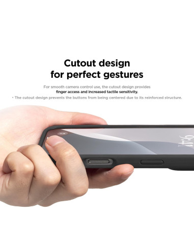 Närbild av svart gummibelagt skal för iPhone 16 som visar cutout-design för knappar och kamera
