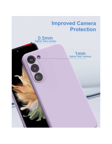 Lila gummiskal för Samsung S24 FE, med fokus på kameraskyddets höjd i förhållande till skärmen