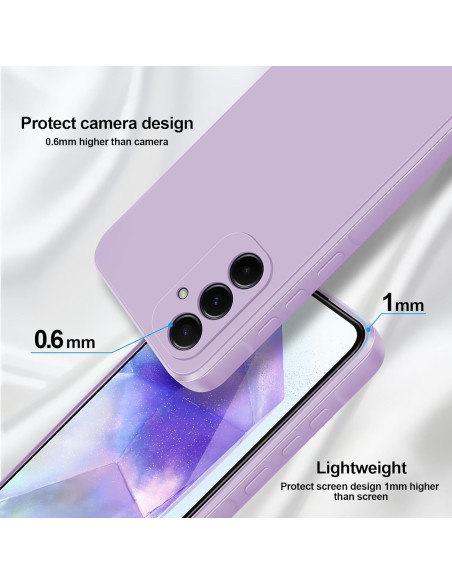 Lila gummiskal för Samsung A25 5G, närbild på kameraskyddets höjd och skärmens design
