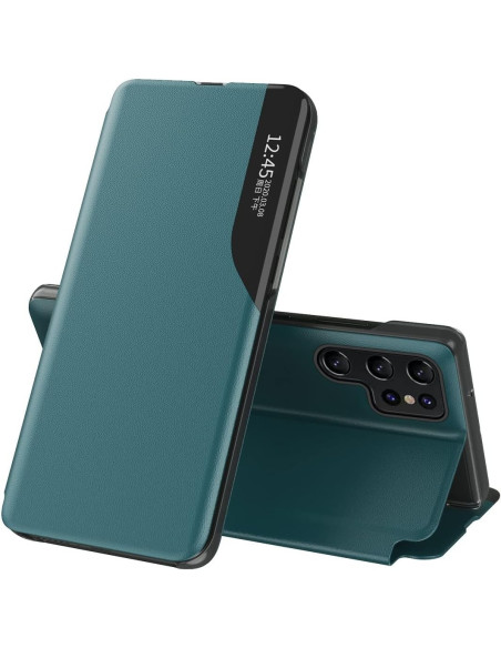 Grönt Smart View-fodral för Samsung S25 Ultra, stängt med en del av skärmen synlig