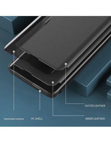 Detaljvy av grön Smart View-fodral för Samsung S25 Ultra med fokus på fodralets material och konstruktion