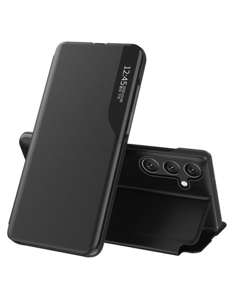 Svart Smart View Fodral för Samsung S25 Ultra med stängd framsida och visningsläge