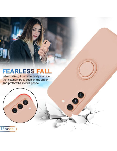 Rosa stöttåligt skal för Samsung S23 Plus, visat framifrån med ringhållare och detaljerad bakgrund