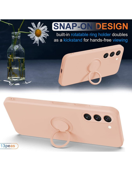 Rosa skal för Samsung S23 Plus med ringhållare, visat från sidan med ringens funktion som ställning
