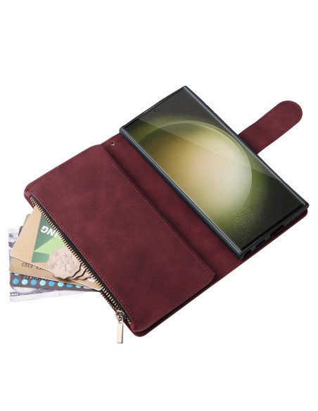Samsung S25 Ultra Multifunktionellt Plånboksfodral Zipper 8-Fack Vinröd