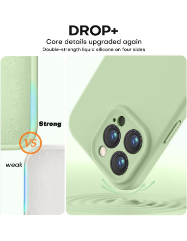 Närbild som visar det gröna gummiskalet för iPhone 15 Pro med fokus på kameraskydd och materialets styrka