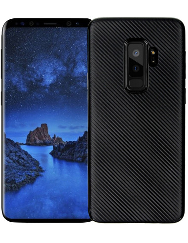 Samsung Galaxy S9 Plus med FullCarbon V2 skal i svart, visat från sidan