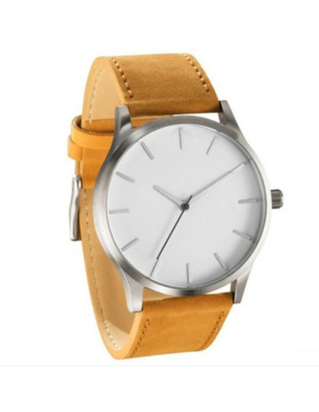 Retro klocka med vit urtavla och gulbrunt PU-läderarmband, minimalistisk stil