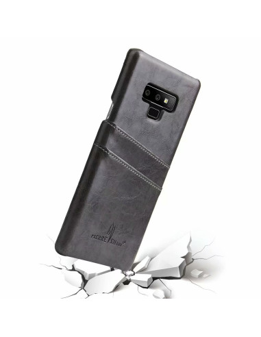 Svart retro-skal med korthållare för Samsung Note 9, sett snett bakifrån med tydlig detalj av korthållaren