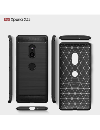 Xperia XZ3 skal i svart med geometriskt mönster, visat framifrån och bakifrån