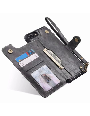 Öppen svart korthållare för iPhone 7 Plus med kort och sedlar inuti, visad från sidan