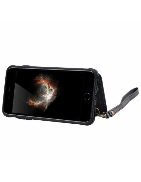 Svart korthållare för iPhone 7 Plus med telefon insatt, visad framifrån med öppen design